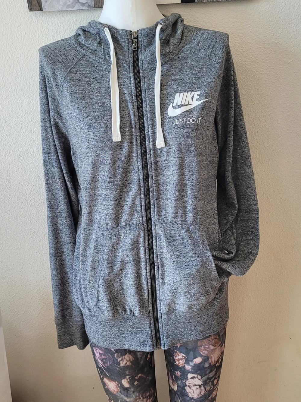 Nike Women's Heather Gray Full-Zip Hoodie with White Drawcords
